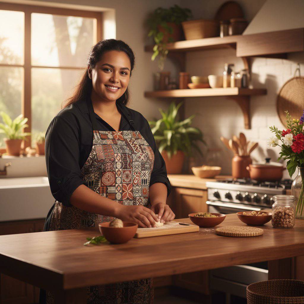 Colorway Elei Print apron featuring traditional Samoan design, casual kitchen apron for AU, NZ, and US markets.
