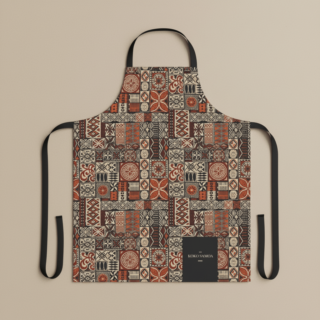 Colorway Elei Print apron featuring traditional Samoan design, in vibrant colors, suitable for cooking or crafting.