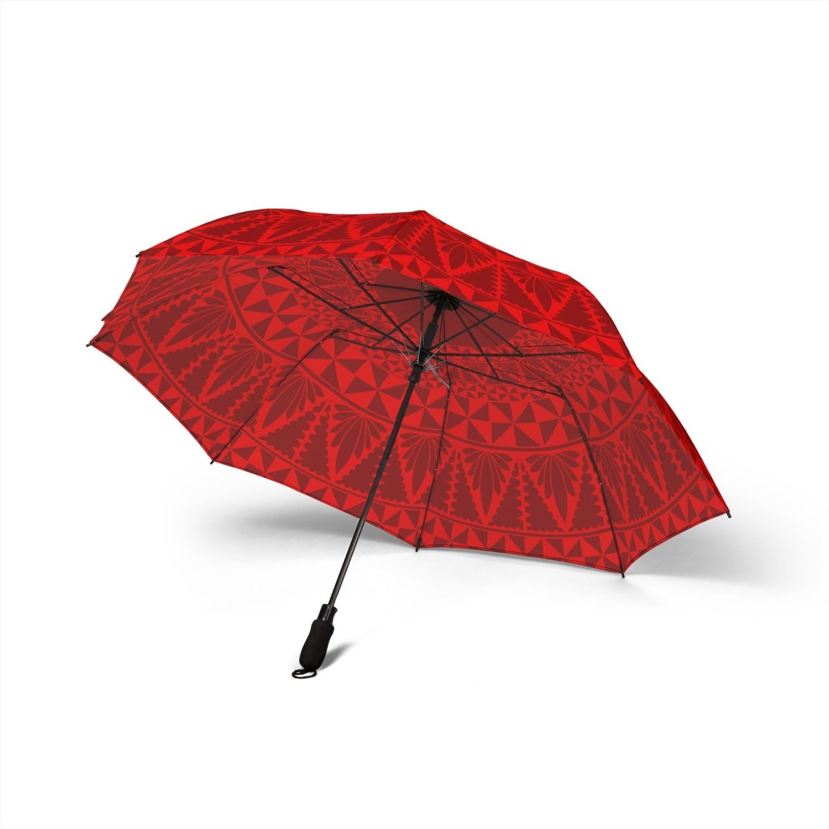 Tongan red PasifikaOne umbrella with 48-inch (122cm) canopy, featuring vibrant Polynesian-inspired design.
