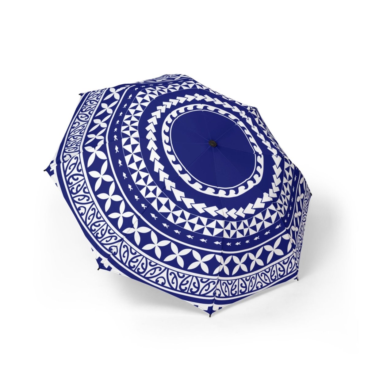 PasifikaOne umbrella in United Blue, 48-inch (122cm) size, with a vibrant Polynesian-inspired design, open and ready to use.