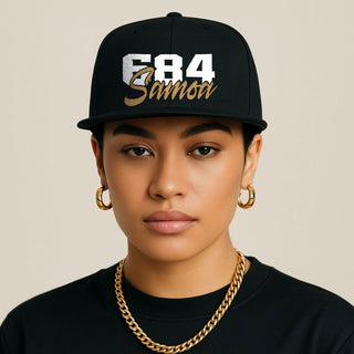 Fulfill Engine flat bill snapback hat with white and gold Samoa embroidery, one size, black, stylish and adjustable.