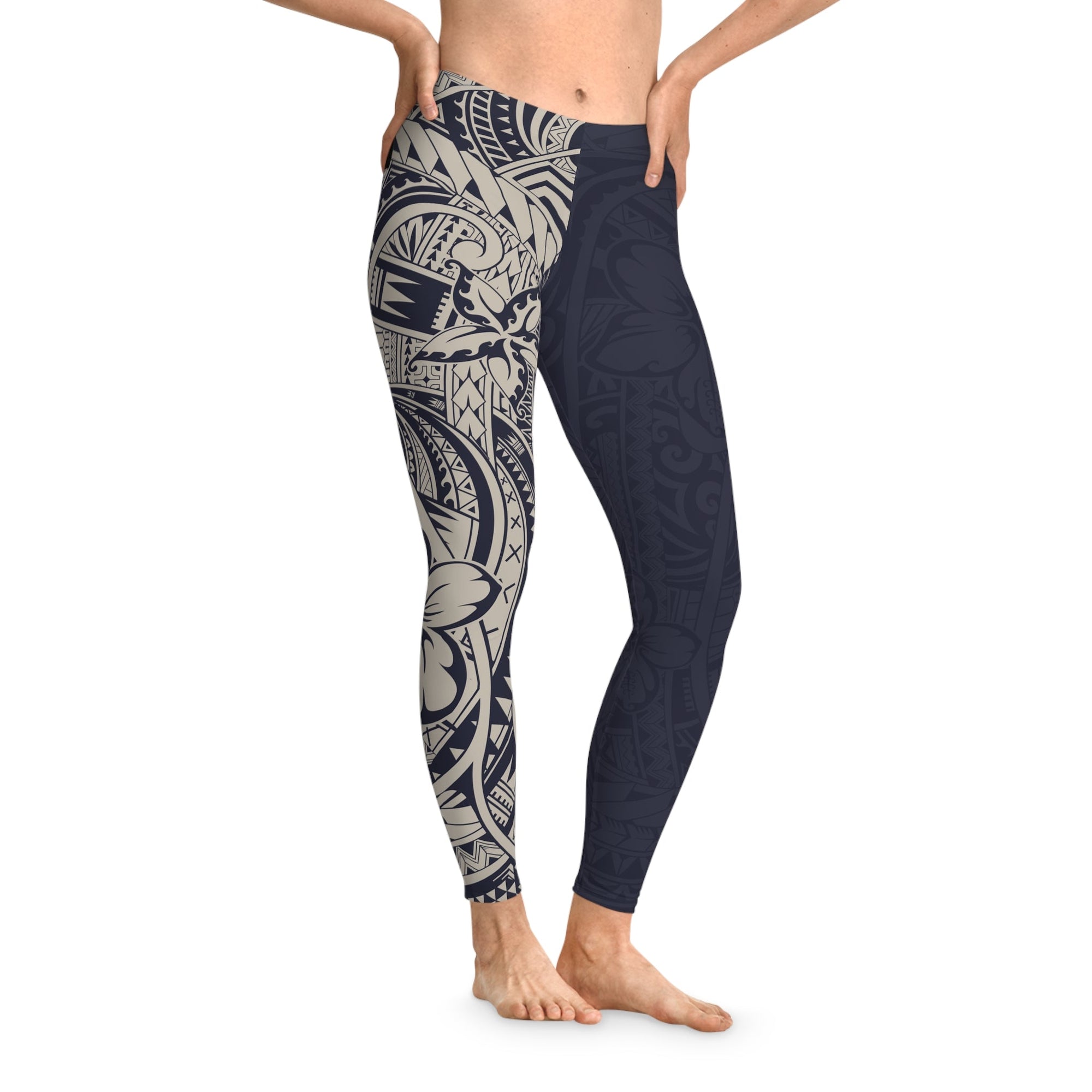 Dark blue FYBY IslandFlex mid-rise leggings with a floral Blue Bloom pattern, shown on a model.