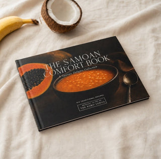 Hardcover keepsake book titled "The Samoan Comfort Book" featuring six traditional Samoan recipes,.