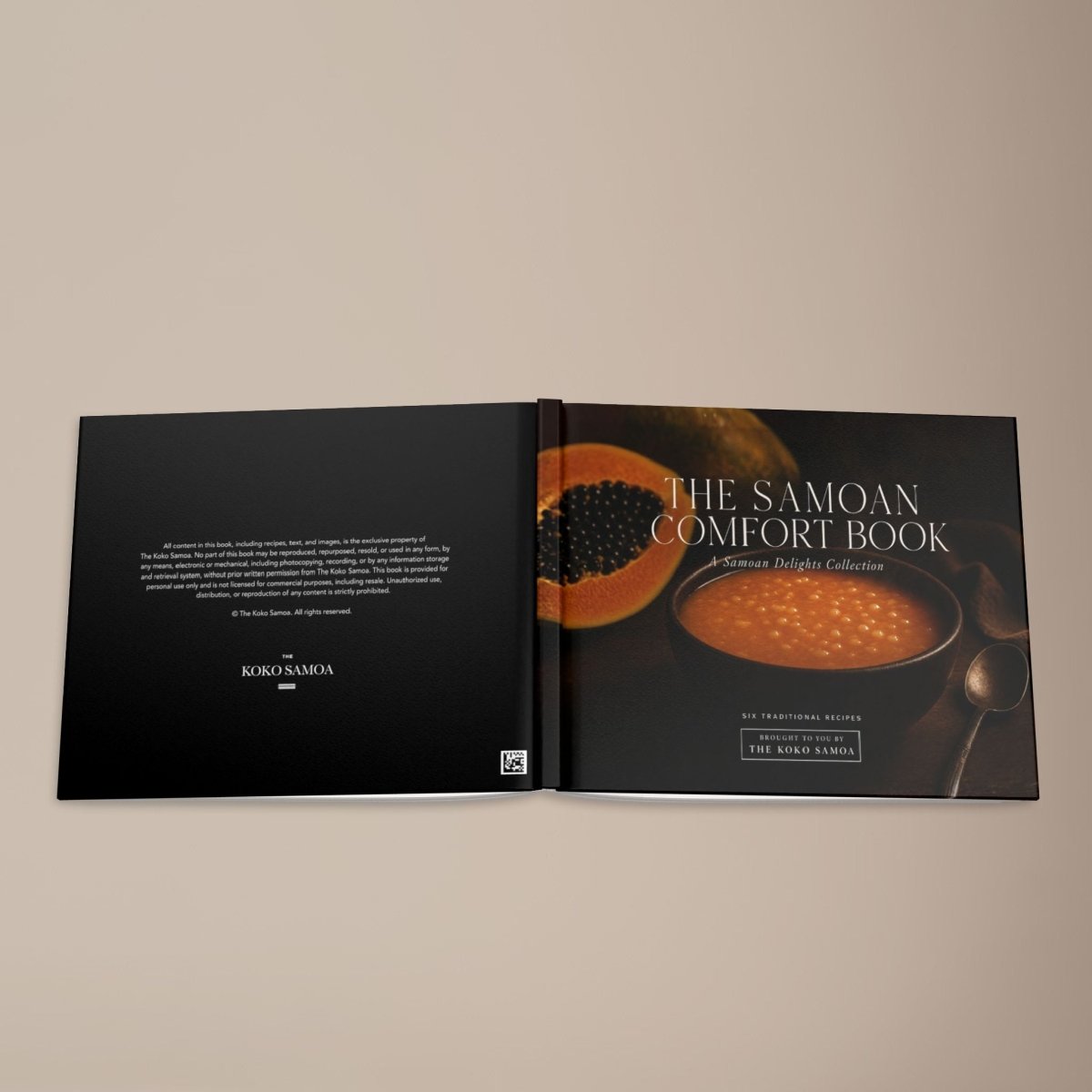Hardcover keepsake book titled The Samoan Comfort Book with six traditional Samoan recipes, by District Photo featuring Samoan cuisine.