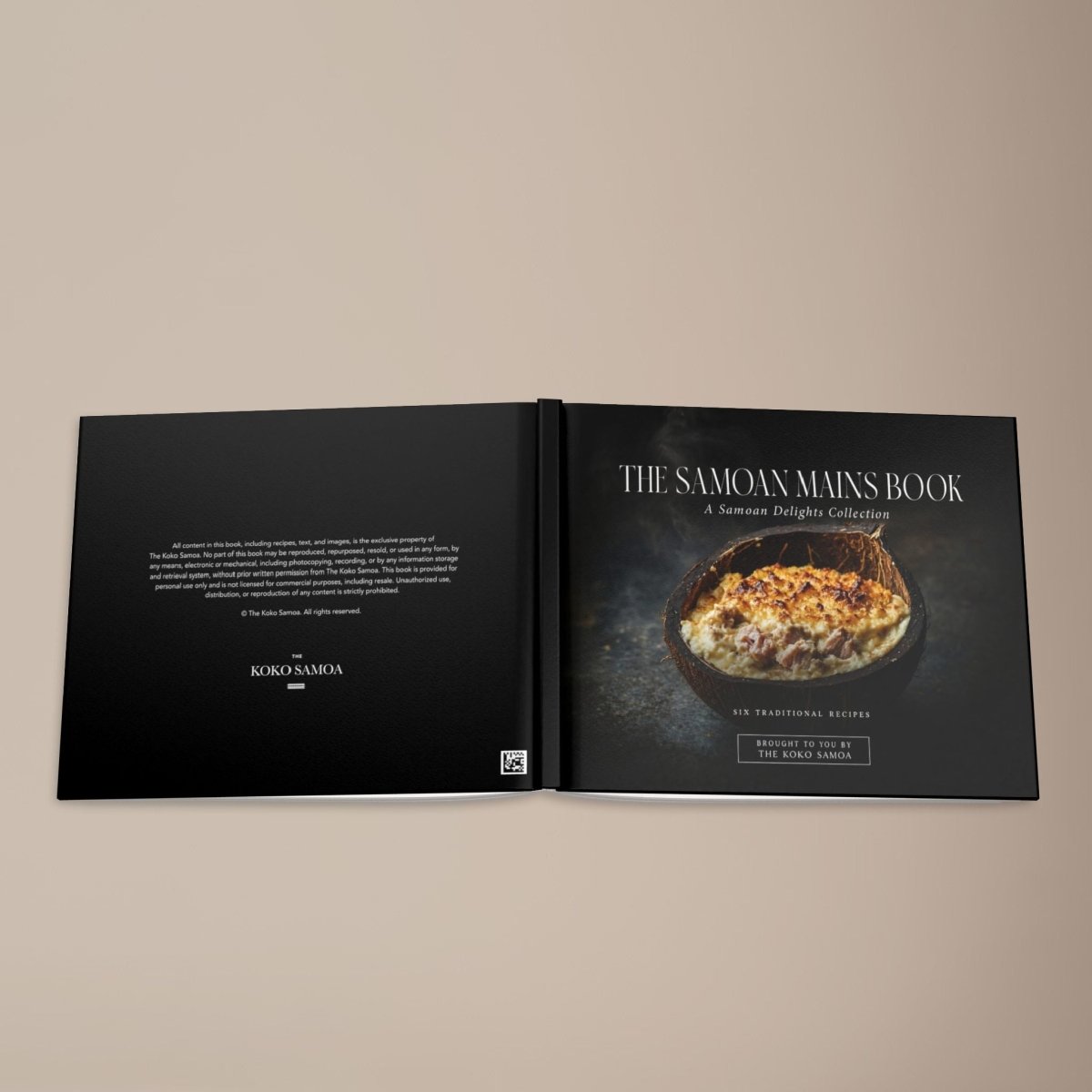 Hardcover keepsake book featuring six traditional Samoan recipes, with vibrant cover design and cultural imagery.