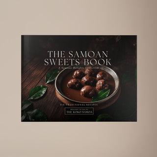 Hardcover keepsake book titled The Samoan Sweets Book featuring six traditional Samoan recipes, with a colorful cover design.