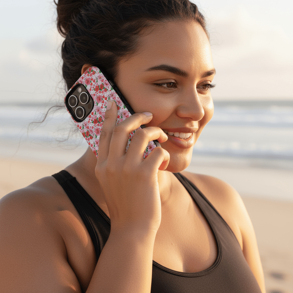 WOYC iPhone tough phone case with Love & Aute design, durable protection for iPhone models in AU/NZ/USA, featuring tropical artwork.