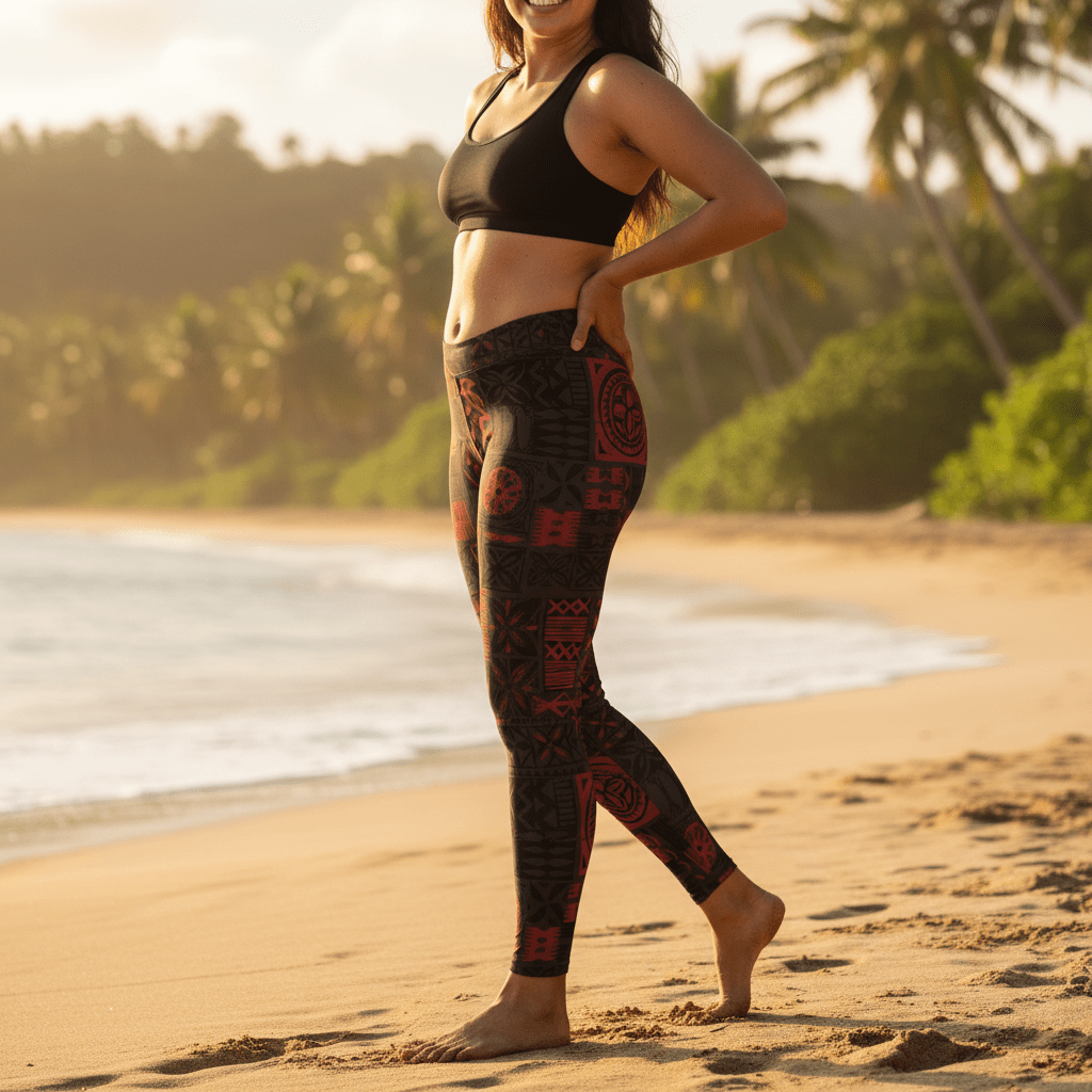 FYBY IslandFlex mid-rise leggings in Elei Red, featuring a vibrant tropical pattern and comfortable fit.