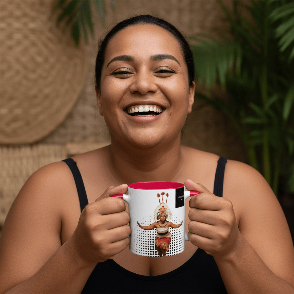 LimaLuxe™ Taupou 325ml ceramic mug by Prima Printing featuring traditional Samoan design, white mug with colorful tribal pattern.