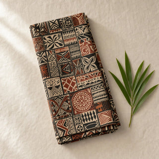 Microfiber tea towel with Elei design by District Photo, features vibrant colors and detailed Polynesian pattern for home decor.