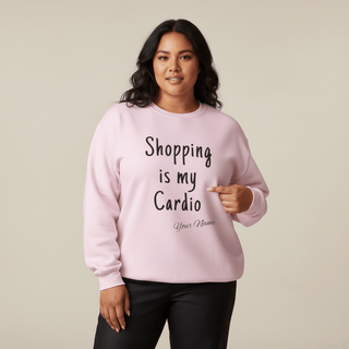 Unisex heavy sweatshirt featuring "Shopping is My Cardio" personalized design in ash gray.
