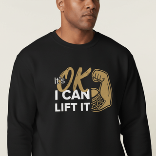Unisex heavy sweatshirt with "I Can Lift It" personalization on dark heather fabric.