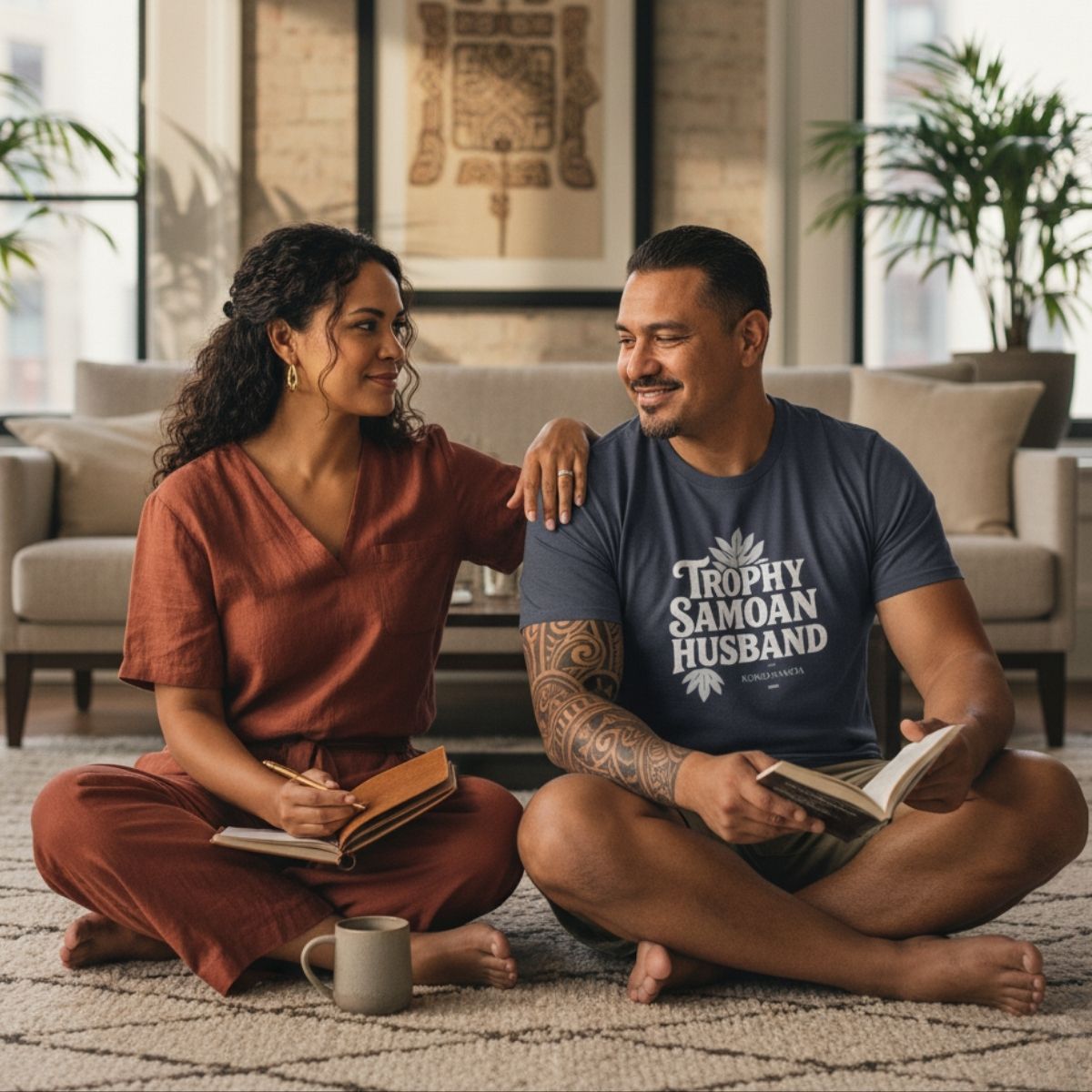 Unisex soft men's tee by The Print Bar featuring Trophy Samoan Husband design in charcoal, casual style for men.