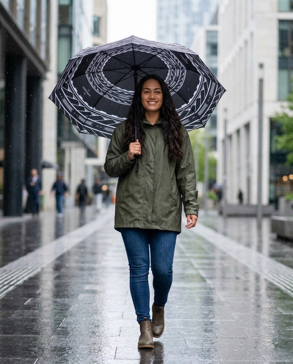 Umbrella with Samoan arrows design, 48-inch size, arts and accessories, featuring vibrant Polynesian artwork.