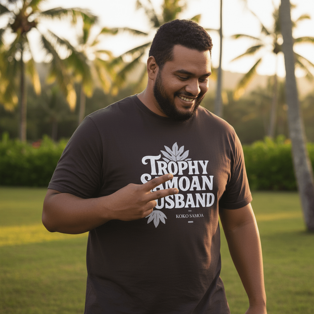 Soft men's T-shirt featuring Trophy Samoan Husband, showcasing a comfortable fit and Polynesian-inspired artwork.