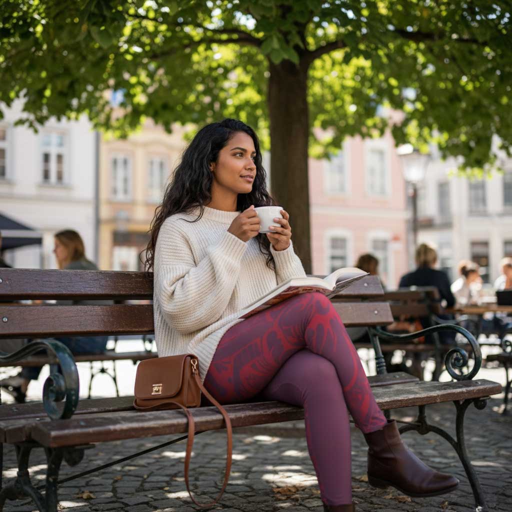 All-over print high-waisted leggings in winterberry red, featuring vibrant, colorful floral design on plus-size leggings
