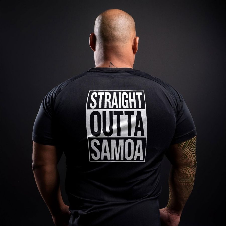 Black unisex T-shirt from The Print Bar featuring "Straight Outta Samoa" graphic, designed for AU/NZ sizes.