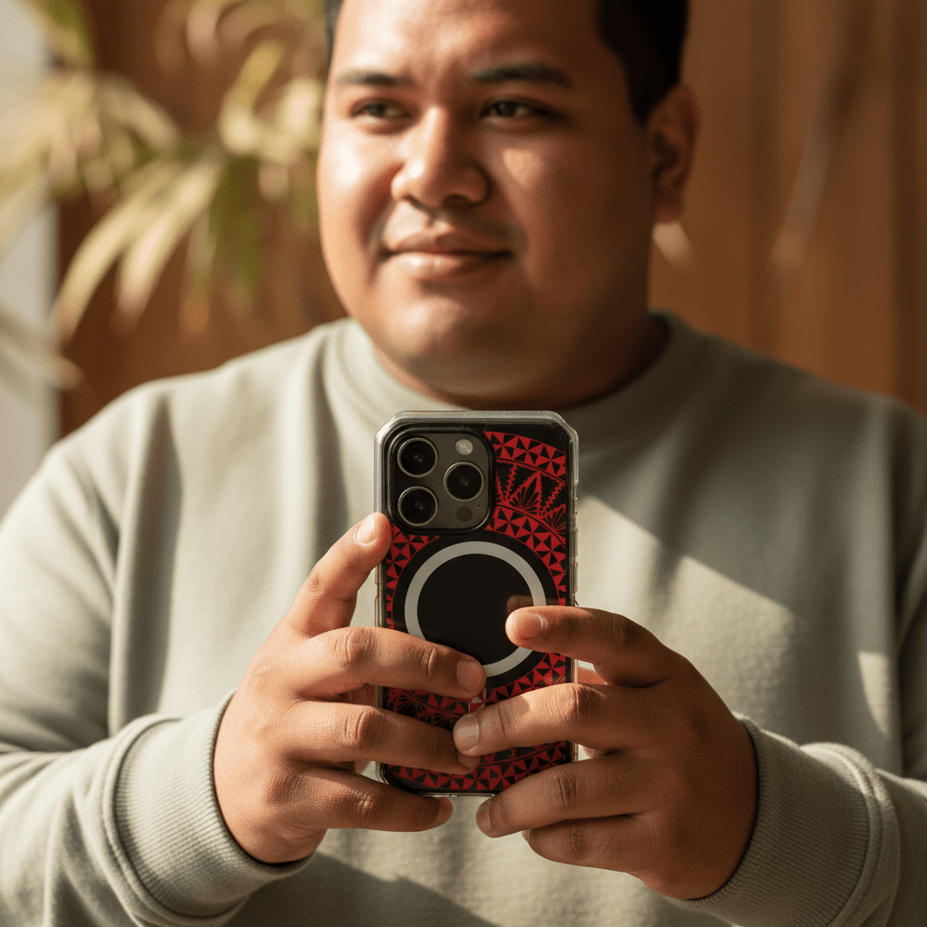MagSafe iPhone clear case with Tongan Redleaf design, showcasing a transparent protective cover with vibrant Polynesian patterns.