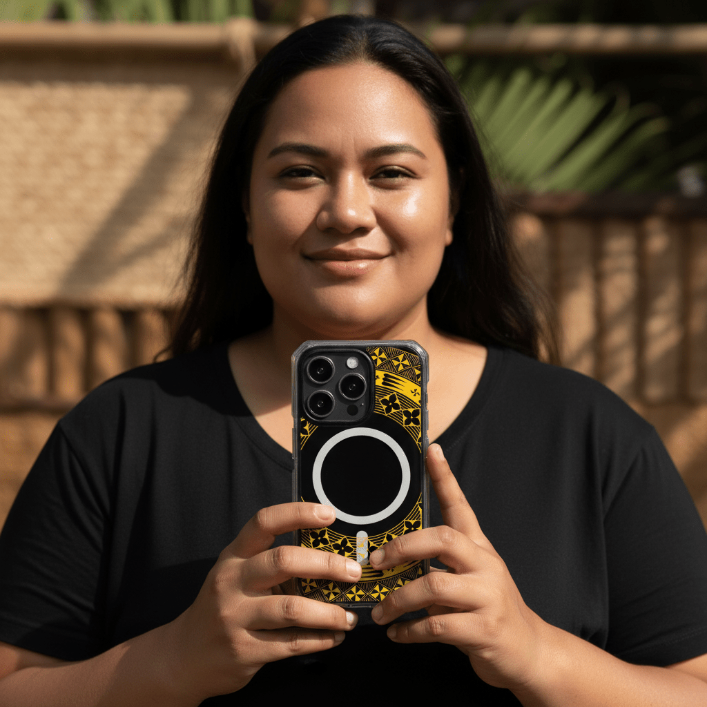 MagSafe clear case for iPhone in Tongan Yellow, showcasing a vibrant, transparent protective cover with Pacific-inspired design.