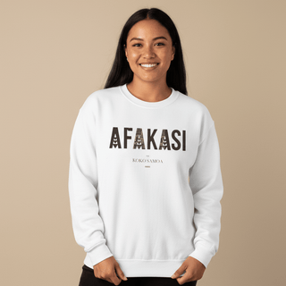 Unisex heavy sweatshirt by Printify featuring Afakasi design with personalized Koko Samoa print in neutral tones.