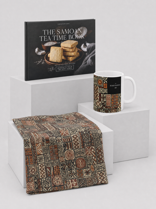 The Tea Time Gift Set: Recipe Keepsake - 6 Samoan Tea Time Bakes, Mug 325ml - Elei and Microfiber Tea Towel - Elei, shown together.