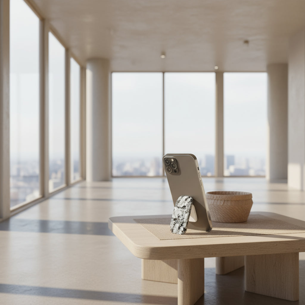 White glossy WOYC Falealili phone grip stand for AU, NZ, and USA, with a sleek, one-size design for easy phone handling.