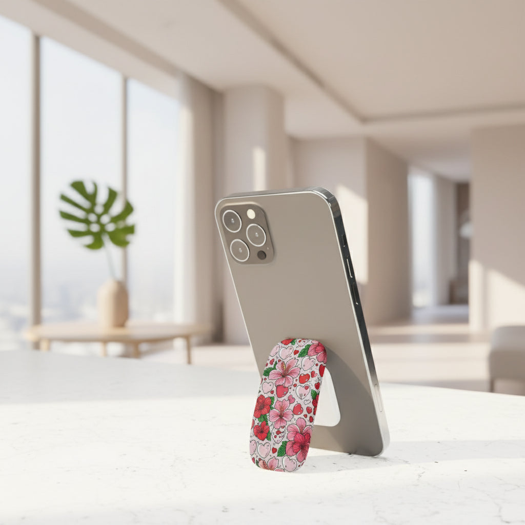 White glossy WOYC Love & Aute phone grip stand, versatile accessory for secure and stylish phone handling.