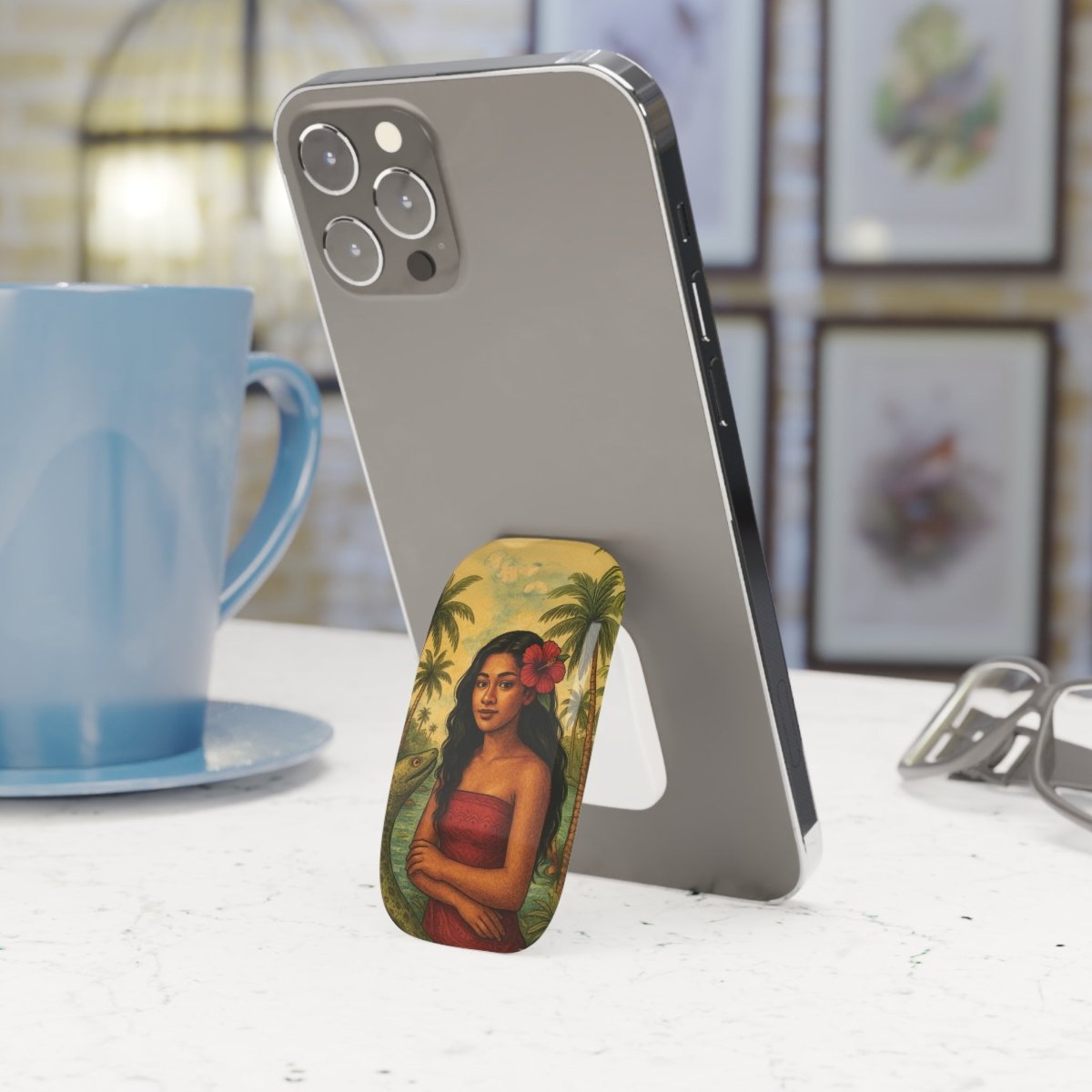 Glossy white phone grip stand featuring Sina & The Eel design by WOYC, compatible with AU, NZ, and USA devices.