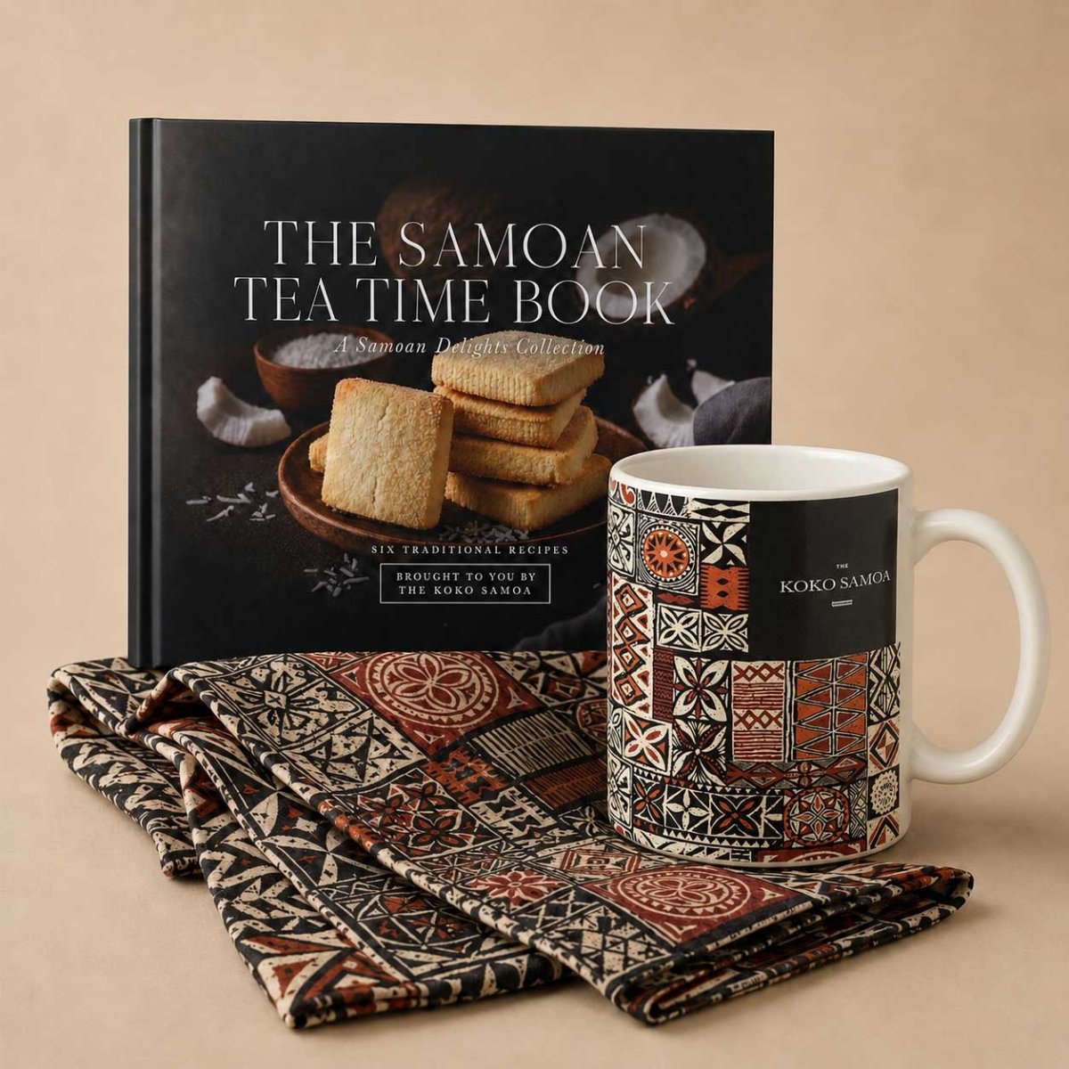 Samoan gift basket starter: the Tea Time Gift Set with a keepsake recipe book, Koko Samoa Elei mug and matching tea towel