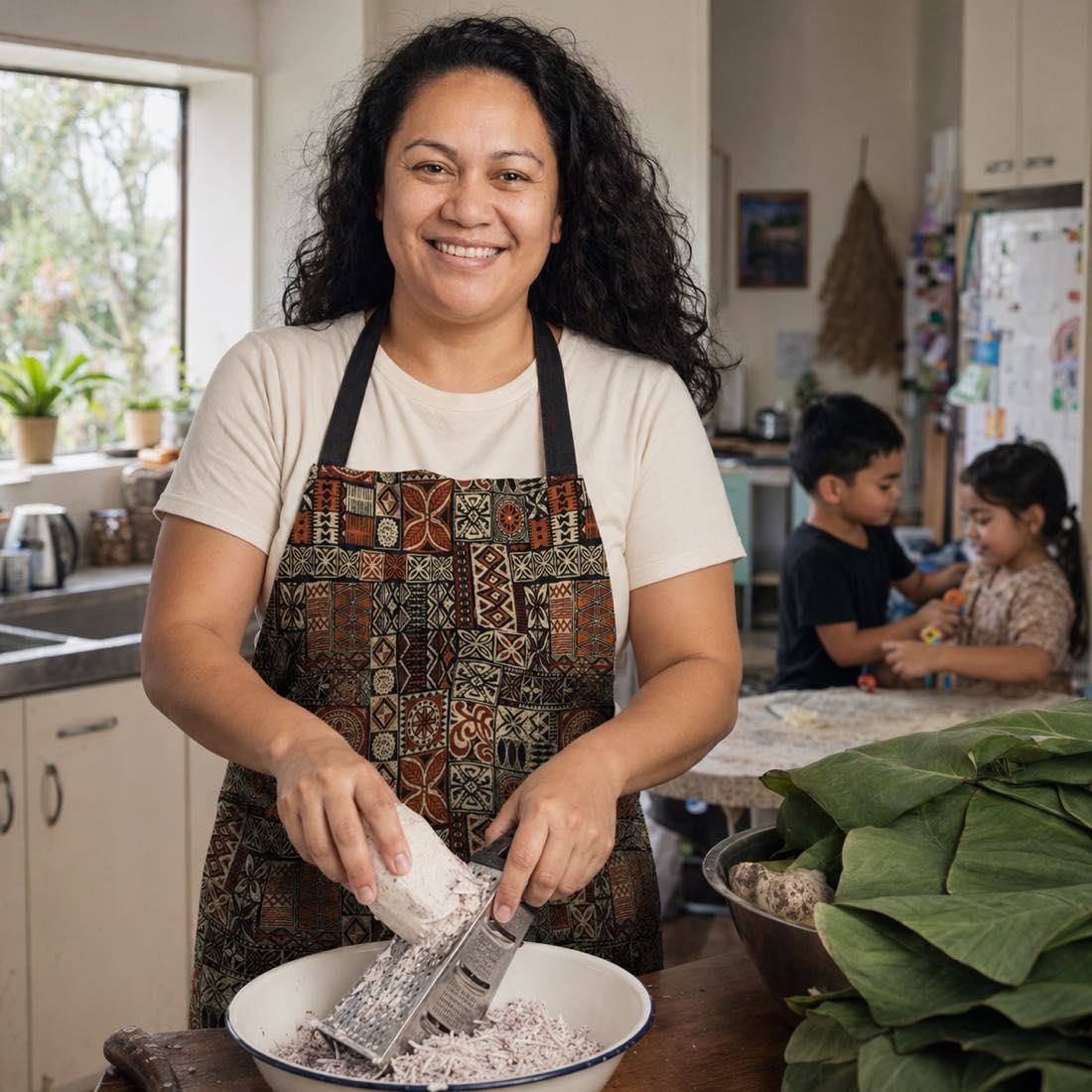 Colorway Elei Print apron featuring vibrant Polynesian-inspired patterns, perfect for cooking or crafting.