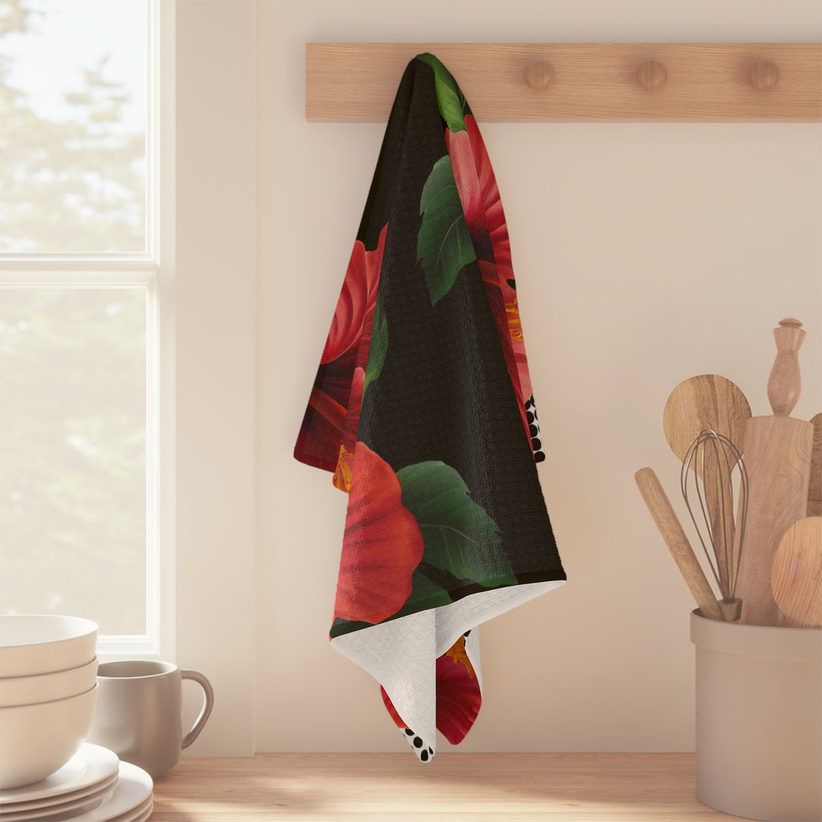 Microfiber tea towel in the Aute print, red flowers on black