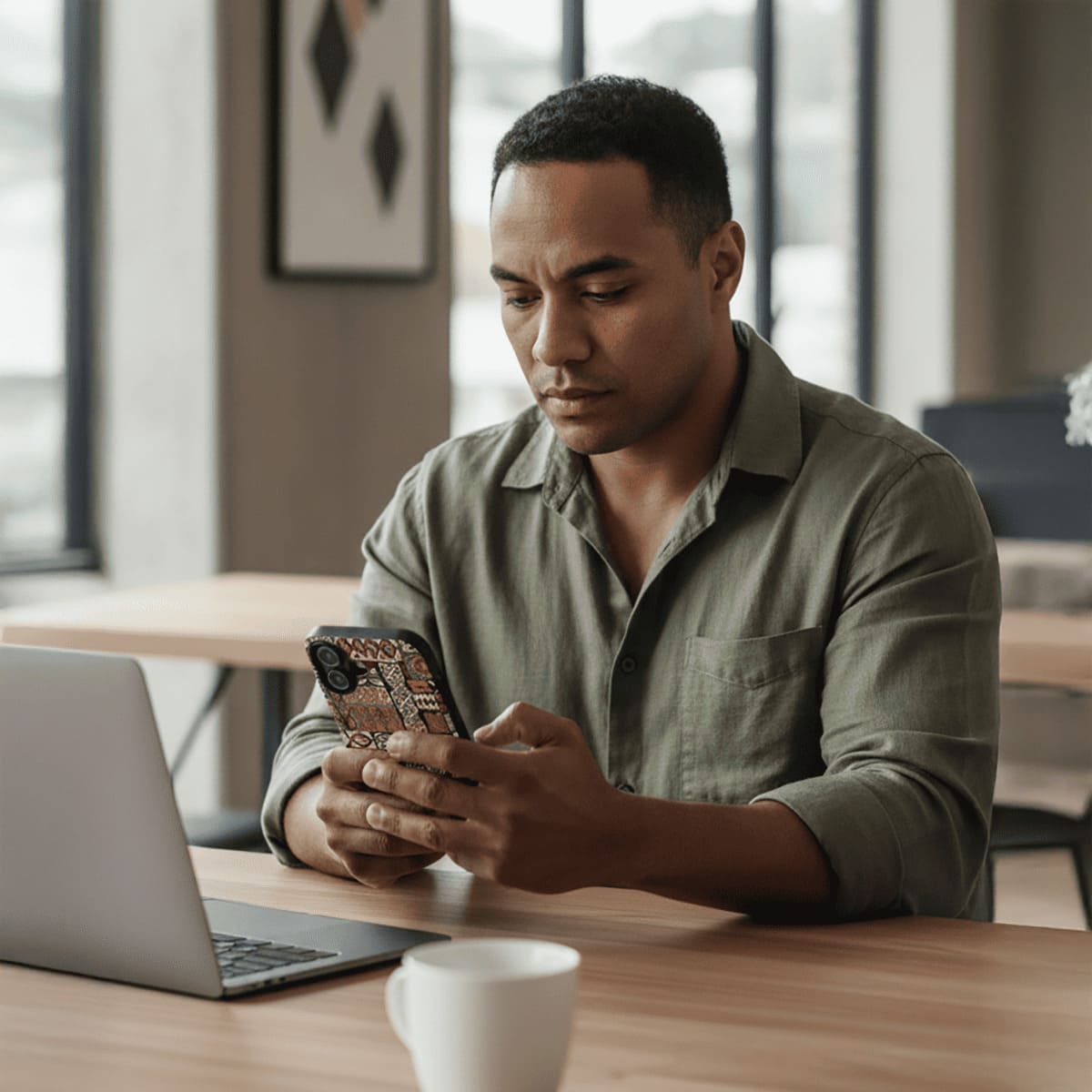 Tough Printify phone case with Elei design for AU, NZ, and US models, featuring durable protective material and vibrant pattern.