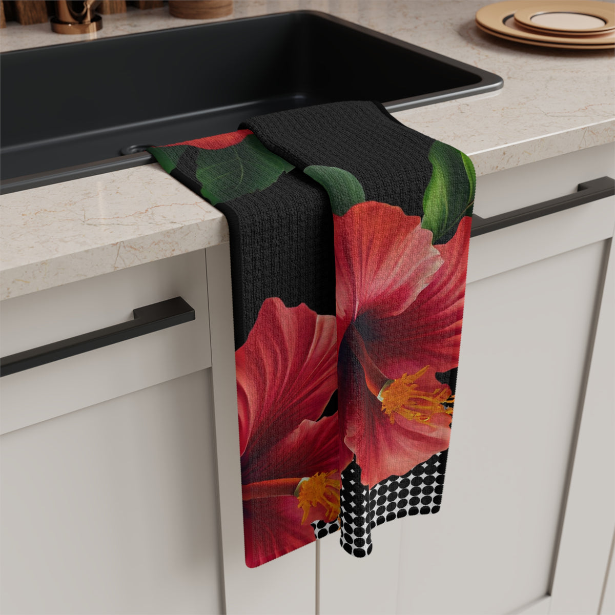 Microfiber tea towel in the Aute print, red flowers on black