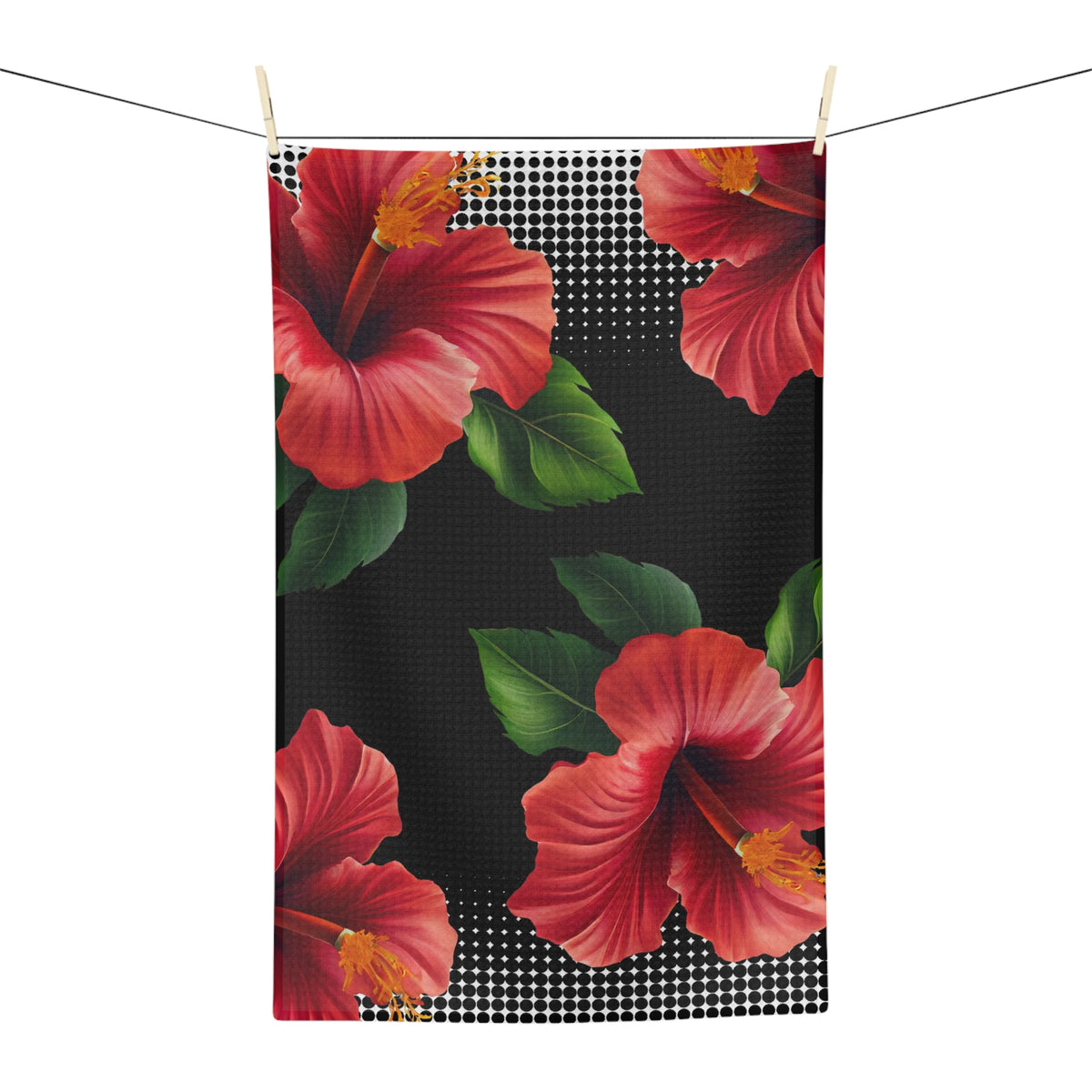 Microfiber tea towel in the Aute print, red flowers on black