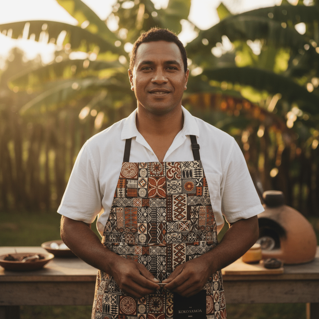 Colorway Elei Print apron featuring traditional Samoan patterns, perfect for cooking or gardening.
