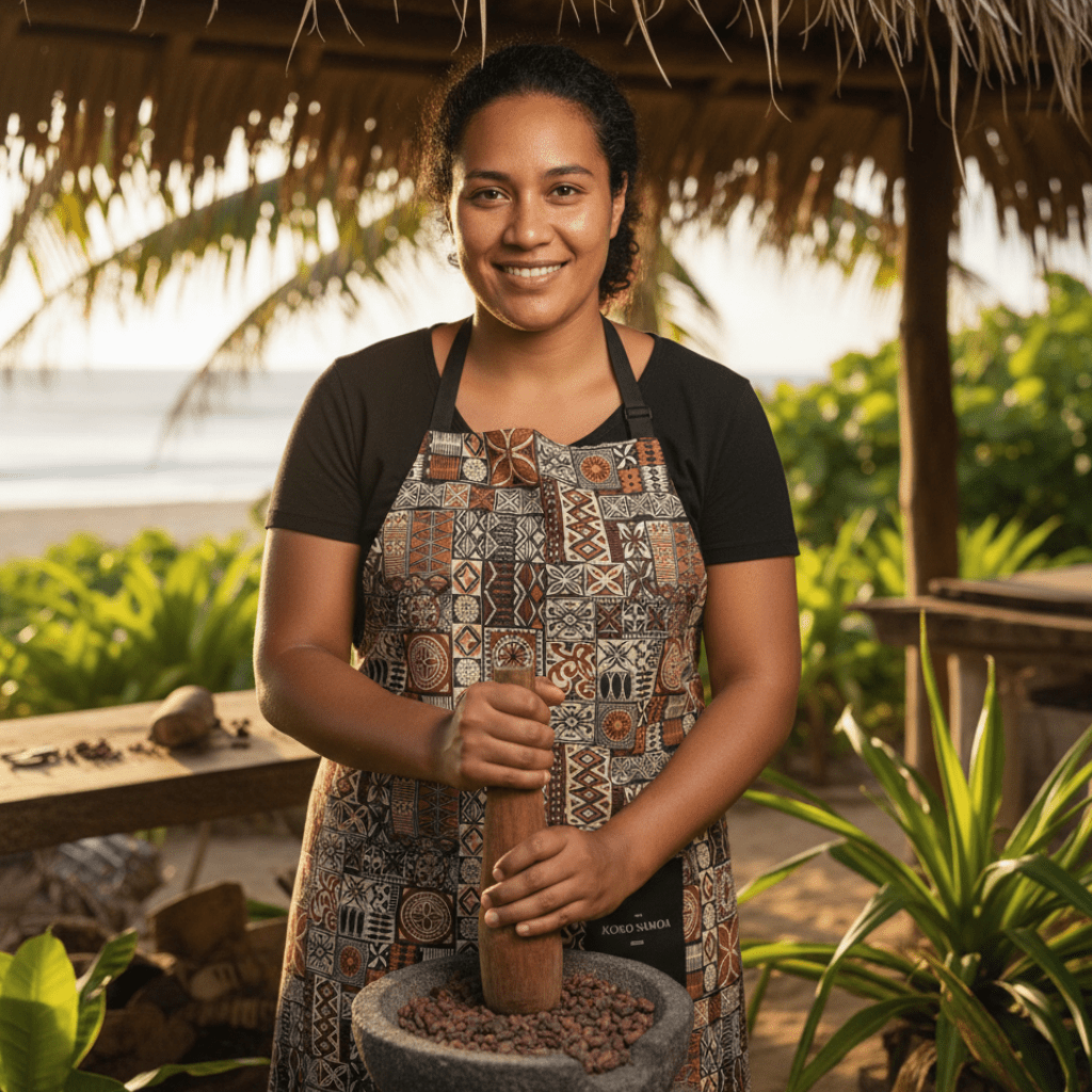 Colorway Elei Print apron featuring vibrant traditional Samoan patterns, ideal for cooking or gardening activities.