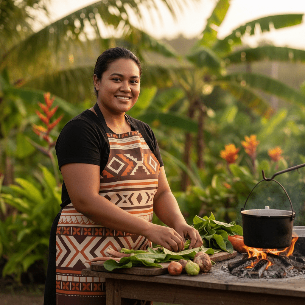Colorway Siapo apron featuring traditional Samoan tapa cloth design, ideal for cooking or gardening.