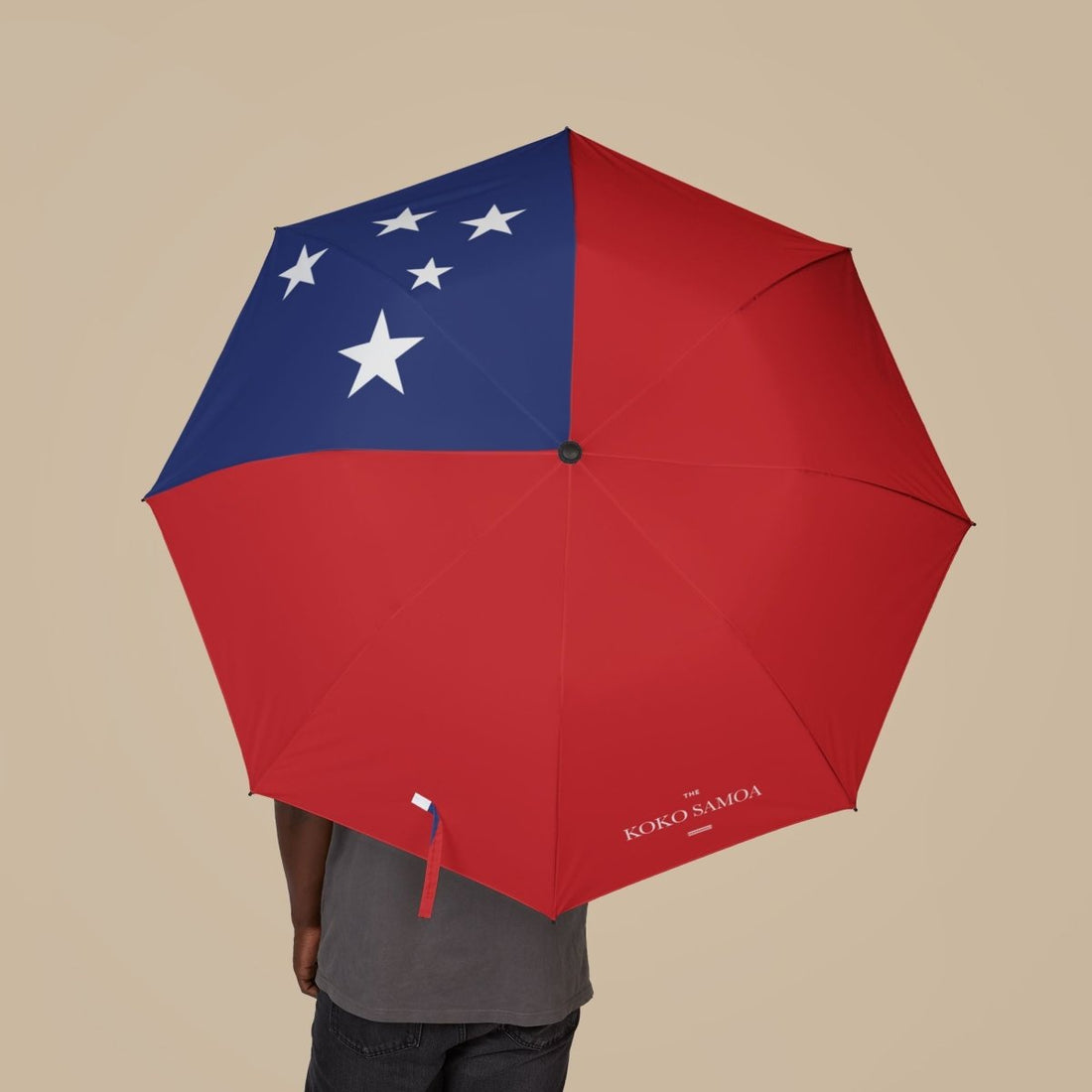 Umbrella featuring the Samoan flag design, 48-inch (122cm) size, with vibrant colors and detailed flag imagery.