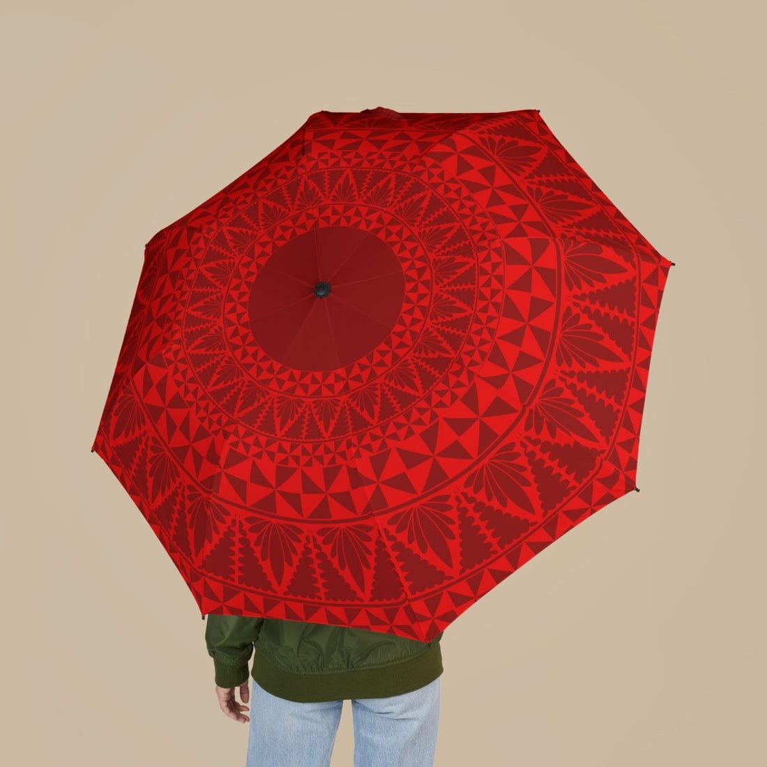 PasifikaOne Tongan Red umbrella, 48-inch (122cm) size, vibrant red fabric with Polynesian-inspired patterns, accessories.