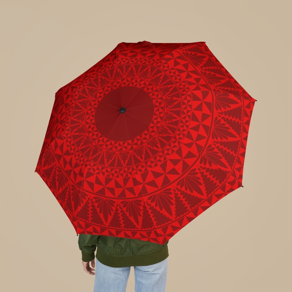 Tongan Red umbrella, 48-inch (122cm) size, vibrant red fabric with Polynesian-inspired patterns, accessories.