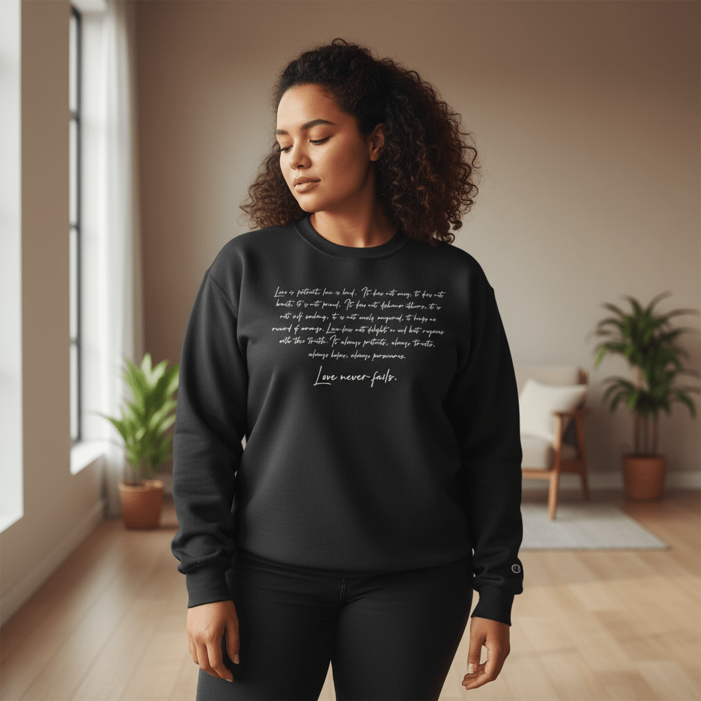 Champion unisex sweatshirt by Inkblot featuring "Love Never Fails" design, casual fit, and comfortable fabric.