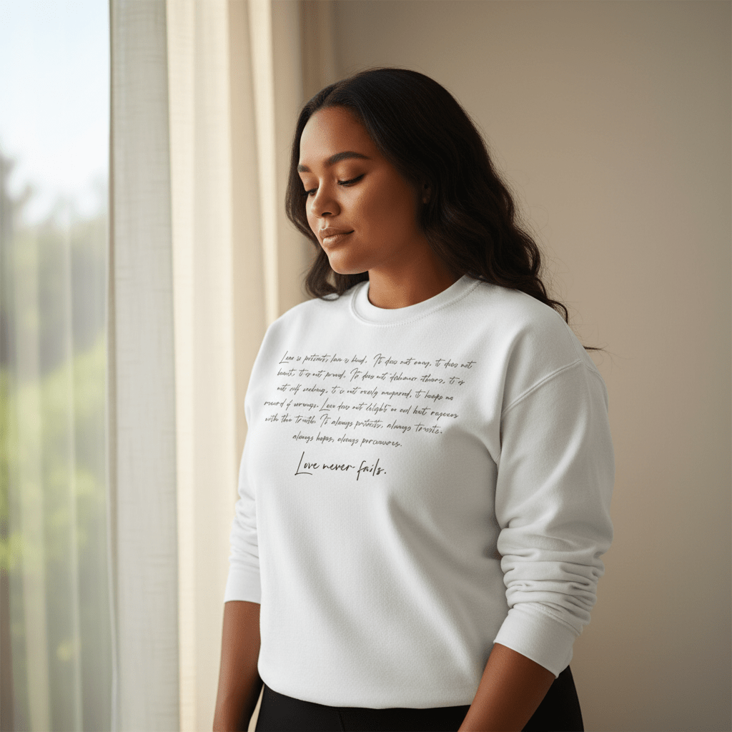 Champion unisex sweatshirt by Inkblot featuring "Love Never Fails" design, casual fit, and soft fabric for everyday wear.