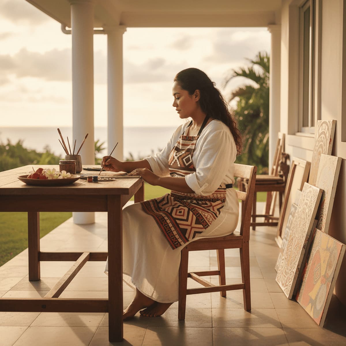 Black Siapo apron by Colorway, one size, featuring traditional Polynesian-inspired design, ideal for cooking or crafting.