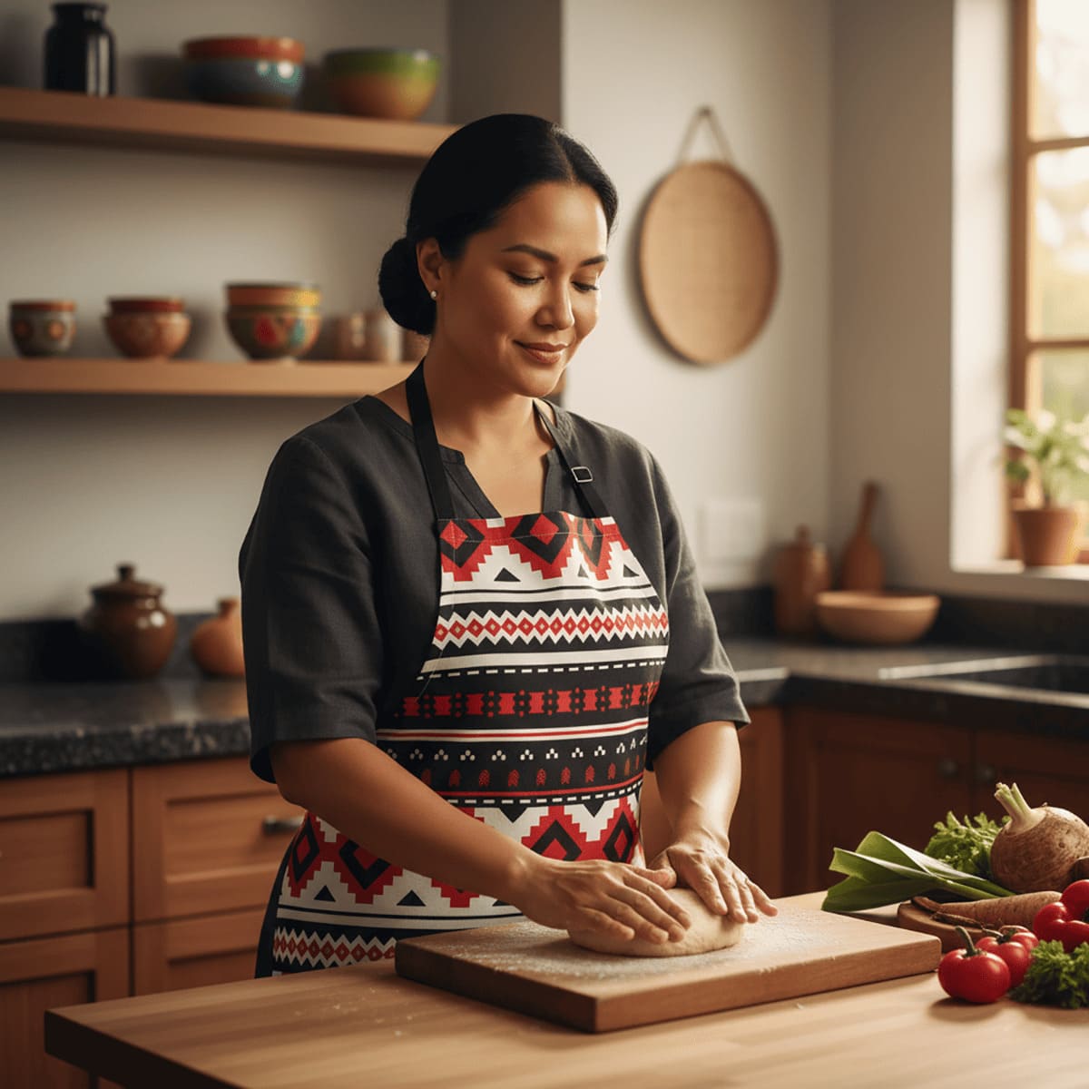 Black tribal print apron by Colorway, one-size kitchen apron with bold tribal patterns for AU, NZ, and USA styles.