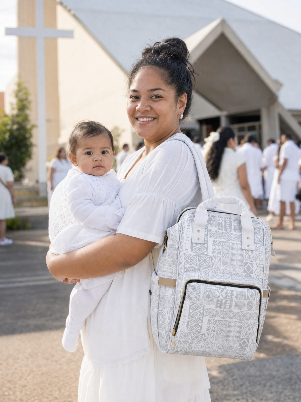 Diaper Backpack - White Sunday worn in everyday life