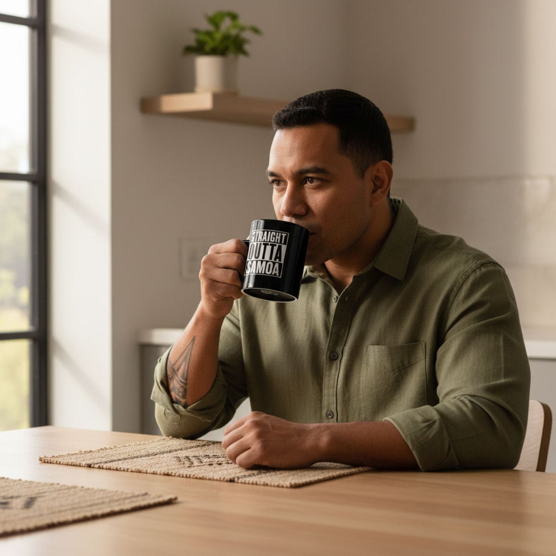 LimaLuxe™ 325ml mug featuring "Straight Outta Samoa" design by Prima Printing, with a white ceramic mug and tropical-themed print.