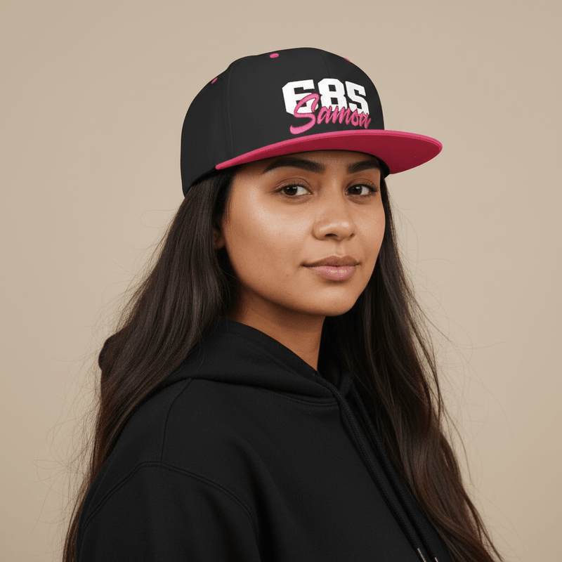Flat Bill Snapback Hat - 685 Samoa - White & Neon Pink Embroidery - AU/NZ/USA
