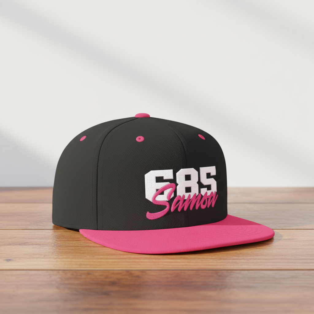 Flat Bill Snapback Hat - 685 Samoa - White & Neon Pink Embroidery - AU/NZ/USA