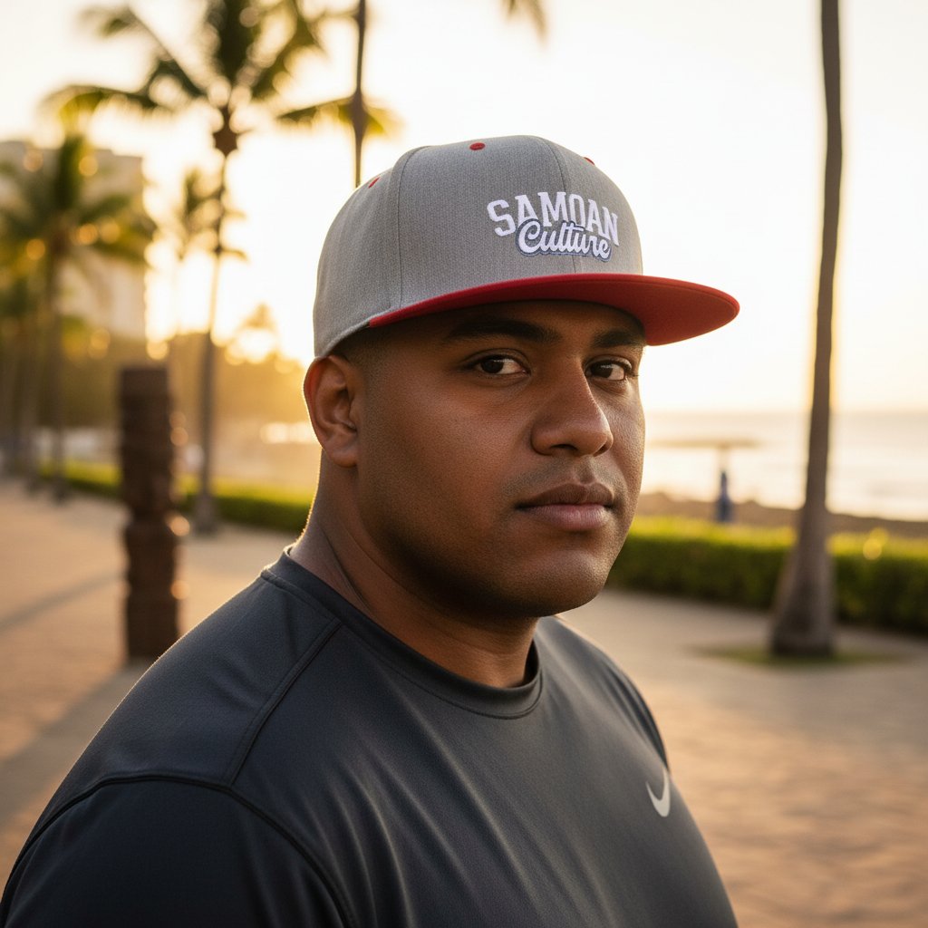Flat Bill Snapback Hat - Samoa Culture - White & Grey Embroidery - AU/NZ/USA