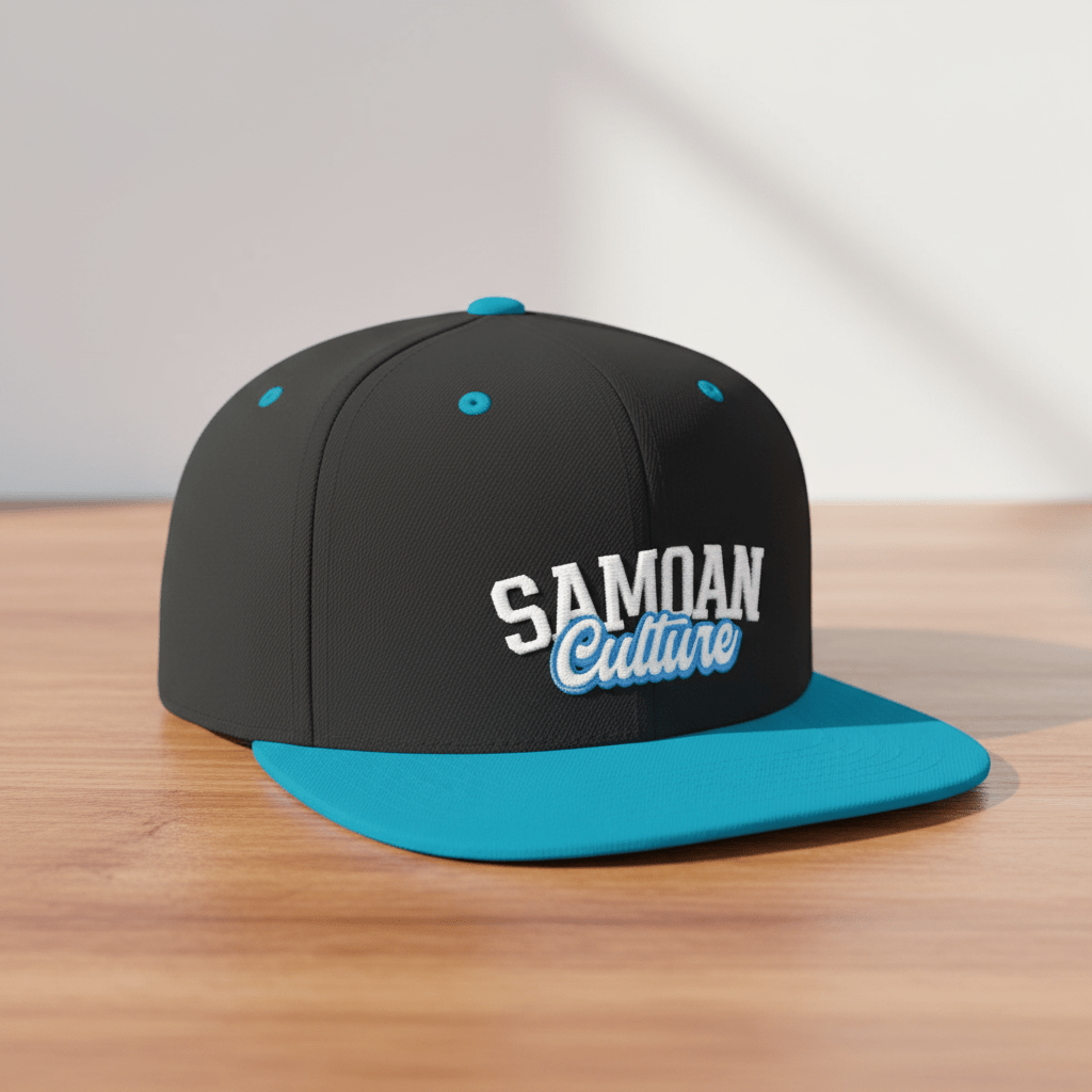 Flat Bill Snapback Hat - Samoan Culture - Blue White Embroidery - AU/NZ/USA - The Koko Samoa